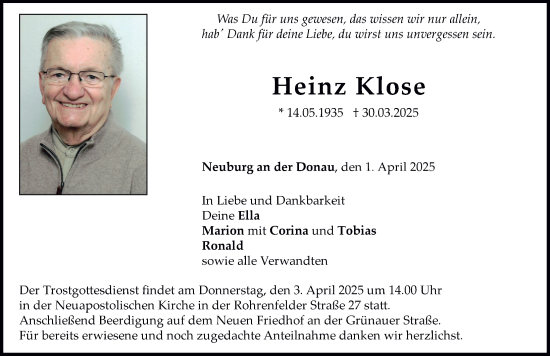 Traueranzeige von Heinz Klose von Neuburger Rundschau