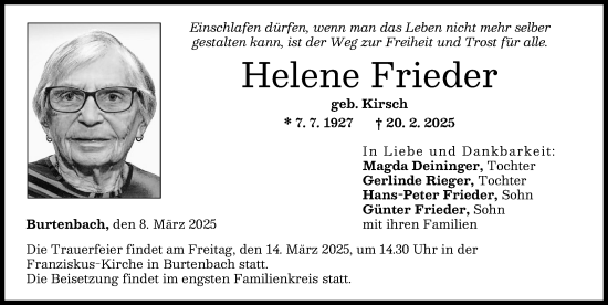 Traueranzeige von Helene Frieder von Günzburger Zeitung