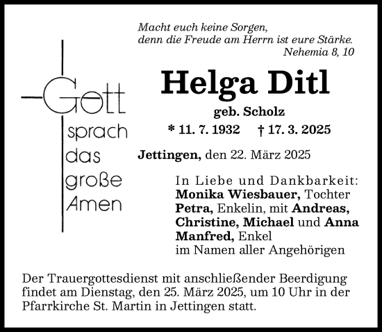 Traueranzeige von Helga Ditl von Günzburger Zeitung