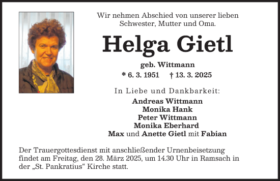 Traueranzeige von Helga Gietl von Landsberger Tagblatt