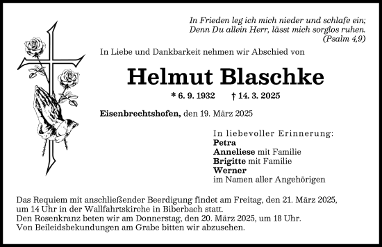 Traueranzeige von Helmut Blaschke von Augsburg-Land