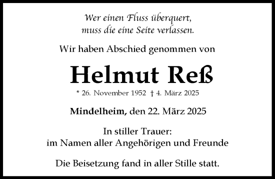 Traueranzeige von Helmut Reß von Mindelheimer Zeitung