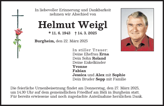 Traueranzeige von Helmut Weigl von Neuburger Rundschau