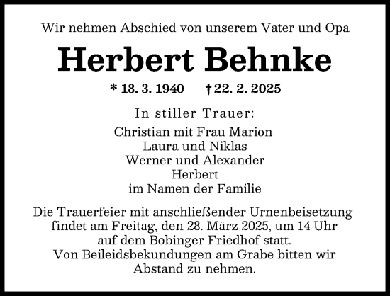 Traueranzeige von Herbert Behnke von Schwabmünchner Allgemeine