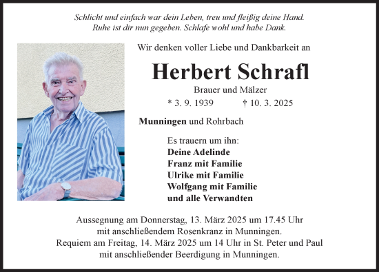 Traueranzeige von Herbert Schrafl von Rieser Nachrichten