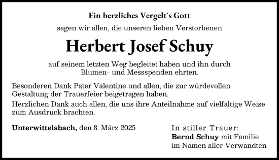 Traueranzeige von Herbert Josef Schuy von Aichacher Nachrichten