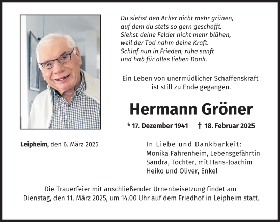 Traueranzeige von Hermann Gröner von Günzburger Zeitung