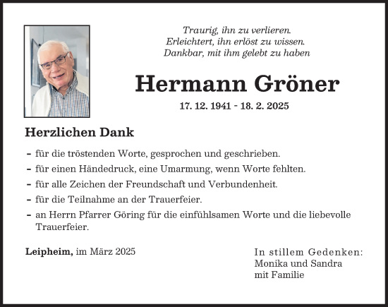 Traueranzeige von Hermann Gröner von Günzburger Zeitung