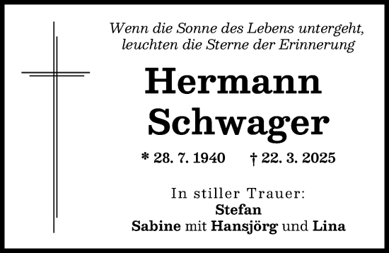 Traueranzeige von Hermann Schwager von Illertisser Zeitung, Neu-Ulmer Zeitung