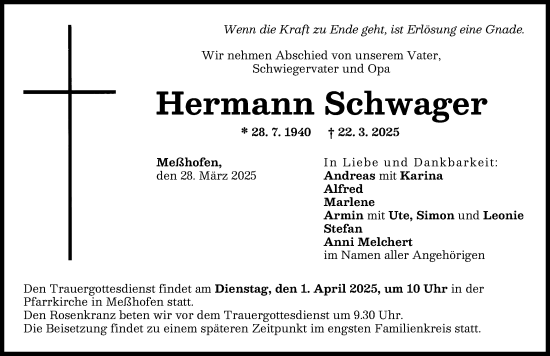 Traueranzeige von Hermann Schwager von Neu-Ulmer Zeitung, Illertisser Zeitung