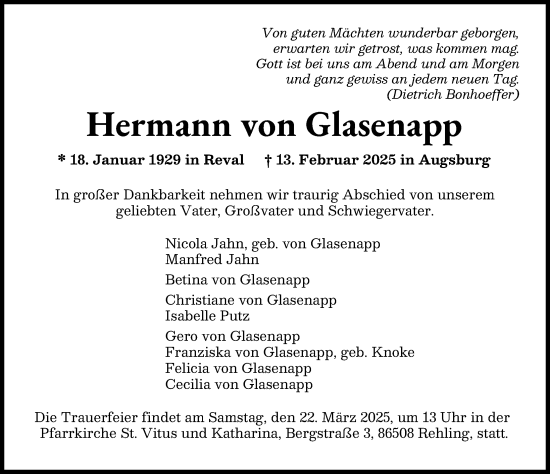 Traueranzeige von Hermann von Glasenapp von Augsburger Allgemeine