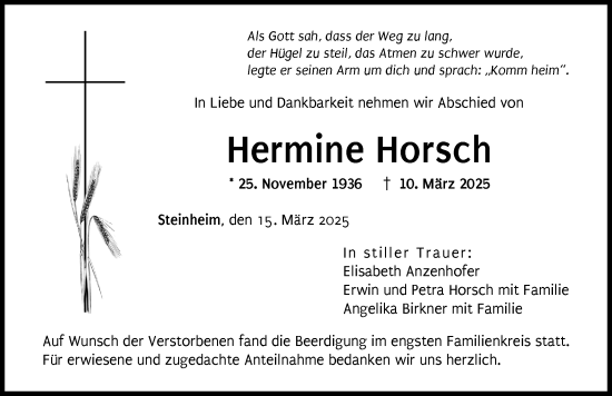 Traueranzeige von Hermine Horsch von Donau Zeitung