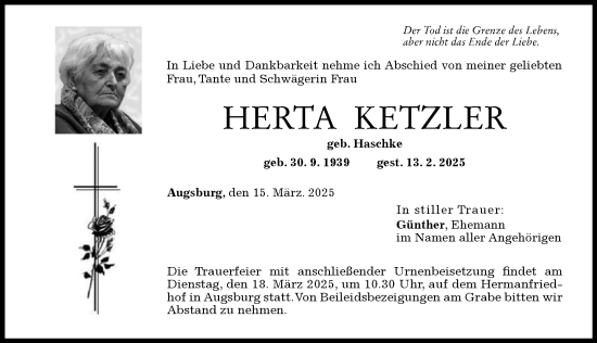 Traueranzeige von Herta Ketzler von Augsburger Allgemeine