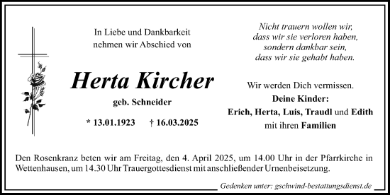 Traueranzeige von Herta Kircher von Günzburger Zeitung