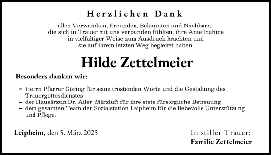 Traueranzeige von Hilde Zettelmeier von Günzburger Zeitung