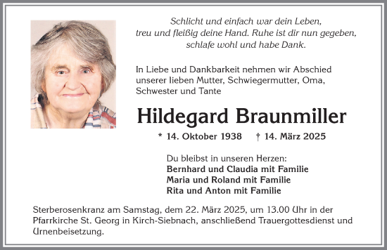 Traueranzeige von Hildegard Braunmiller von Mindelheimer Zeitung