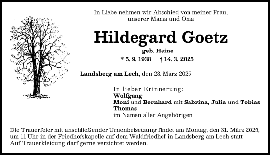 Traueranzeige von Hildegard Goetz von Landsberger Tagblatt