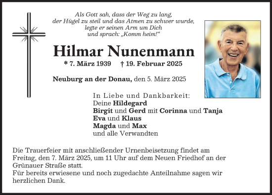 Traueranzeige von Hilmar Nunenmann von Neuburger Rundschau