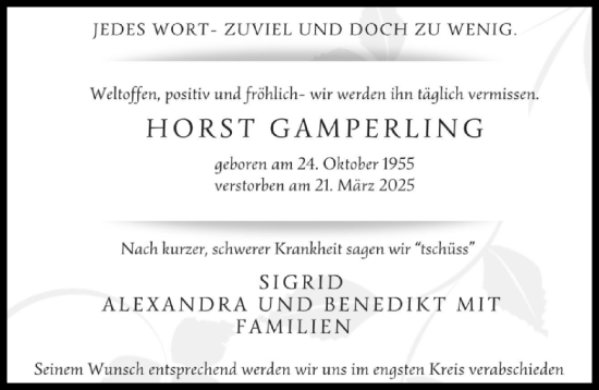 Traueranzeige von Horst Gamperling von Augsburger Allgemeine, Neu-Ulmer Zeitung
