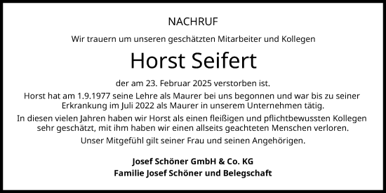 Traueranzeige von Horst Seifert von Mindelheimer Zeitung