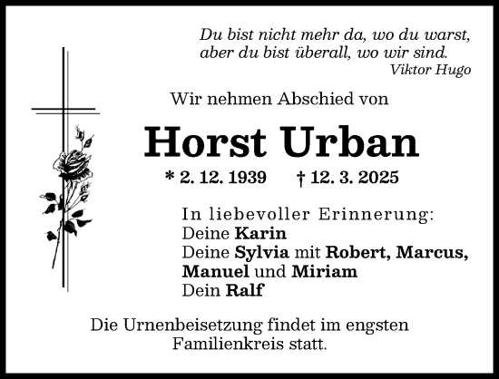 Traueranzeige von Horst Urban von Ammersee Kurier