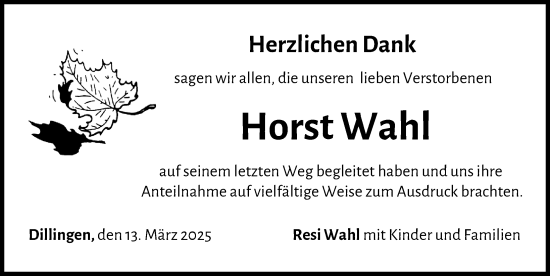Traueranzeige von Horst Wahl von Donau Zeitung