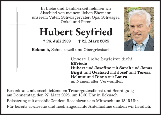 Traueranzeige von Hubert Seyfried von Aichacher Nachrichten