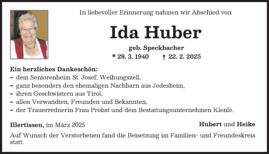Traueranzeige von Ida Huber von Illertisser Zeitung