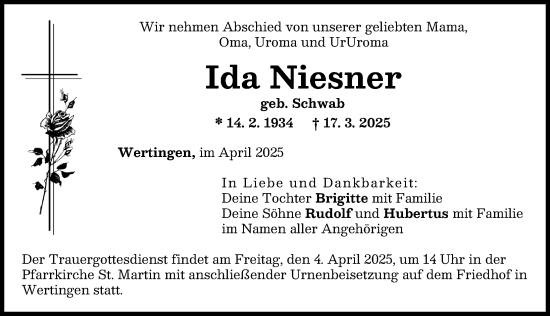 Traueranzeige von Ida Niesner von Wertinger Zeitung
