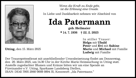 Traueranzeige von Ida Patermann von Landsberger Tagblatt
