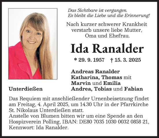 Traueranzeige von Ida Ranalder von Landsberger Tagblatt