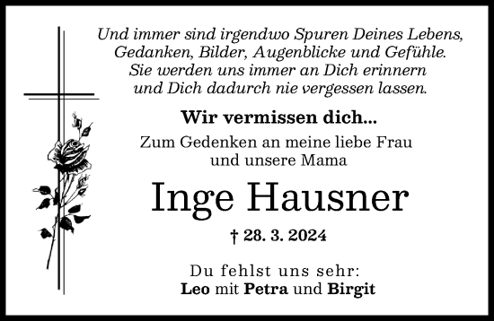 Traueranzeige von Inge Hausner von Günzburger Zeitung