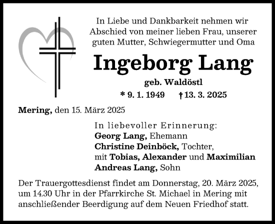 Traueranzeige von Ingeborg Lang von Friedberger Allgemeine