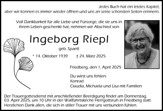 Traueranzeige von Ingeborg Riepl von Friedberger Allgemeine