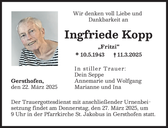 Traueranzeige von Ingfriede Kopp von Augsburger Allgemeine