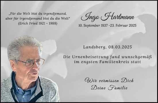 Traueranzeige von Ingo Hartmann von Landsberger Tagblatt