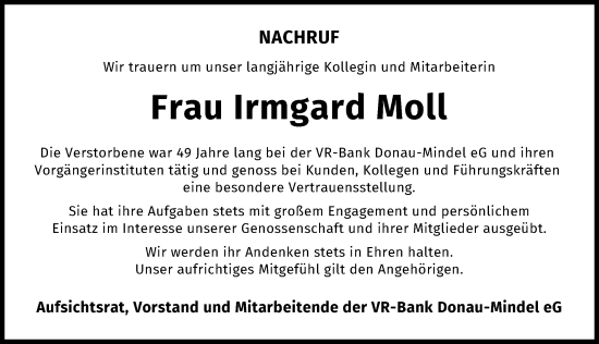 Traueranzeige von Irmgard Moll von Günzburger Zeitung