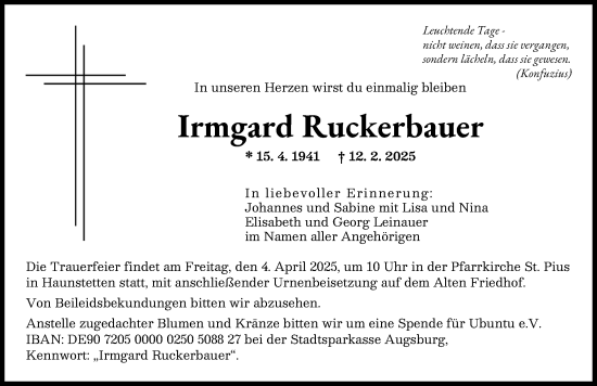 Traueranzeige von Irmgard Ruckerbauer von Augsburger Allgemeine