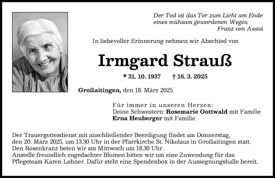 Traueranzeige von Irmgard Strauß von Schwabmünchner Allgemeine