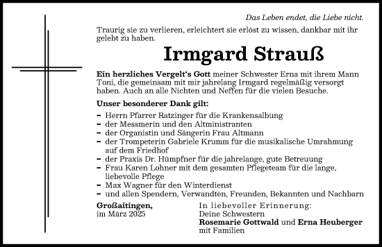 Traueranzeige von Irmgard Strauß von Schwabmünchner Allgemeine