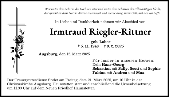 Traueranzeige von Irmtraud Riegler-Rittner von Augsburger Allgemeine