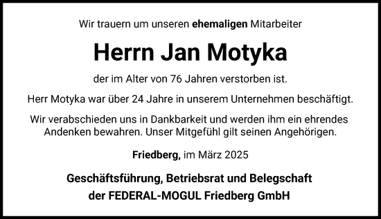Traueranzeige von Jan Motyka von Friedberger Allgemeine