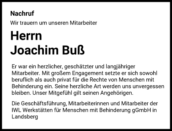 Traueranzeige von Joachim Buß von Landsberger Tagblatt