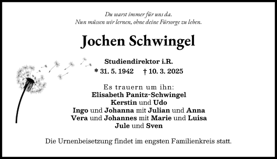 Traueranzeige von Jochen Schwingel von Wertinger Zeitung
