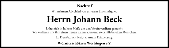 Traueranzeige von Johann Beck von Rieser Nachrichten