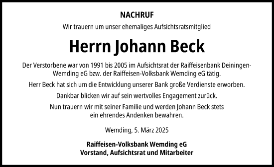 Traueranzeige von Johann Beck von Rieser Nachrichten