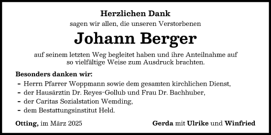 Traueranzeige von Johann Berger von Donauwörther Zeitung