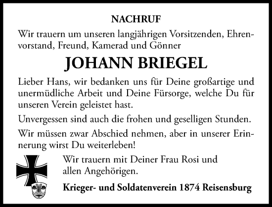 Traueranzeige von Johann Briegel von Günzburger Zeitung