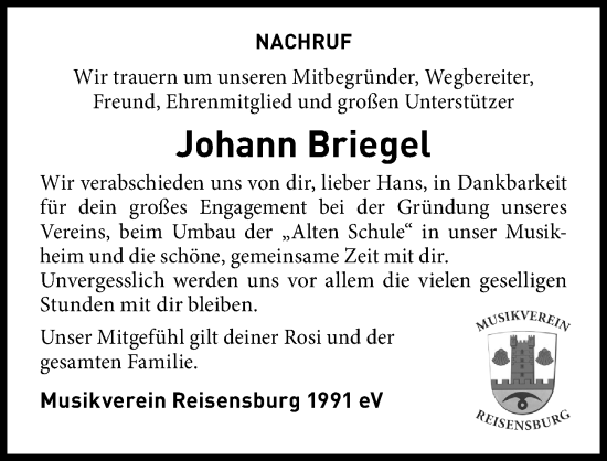 Traueranzeige von Johann Briegel von Günzburger Zeitung