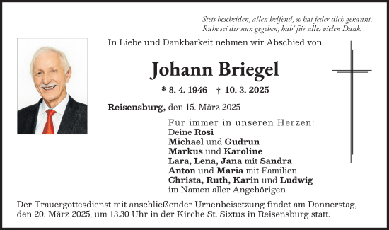 Traueranzeige von Johann Briegel von Günzburger Zeitung